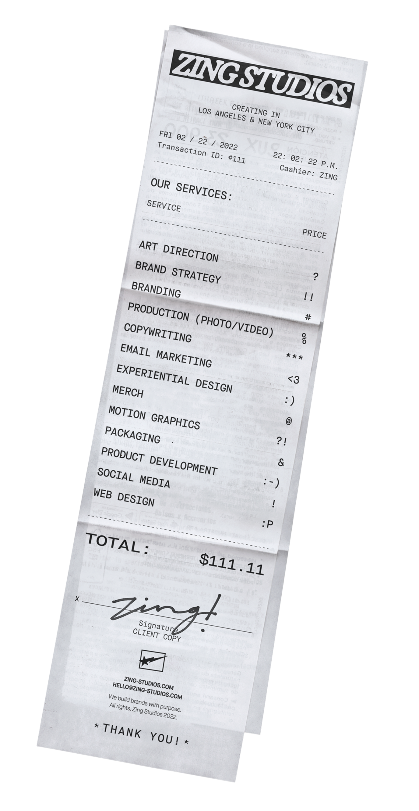 Zing Studios receipt